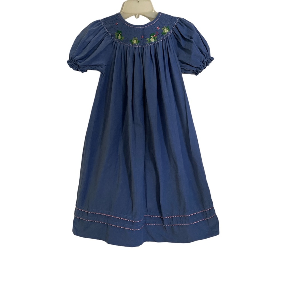 Anavini girls smocked frogs bishop long corduroy dress blue pink 6X